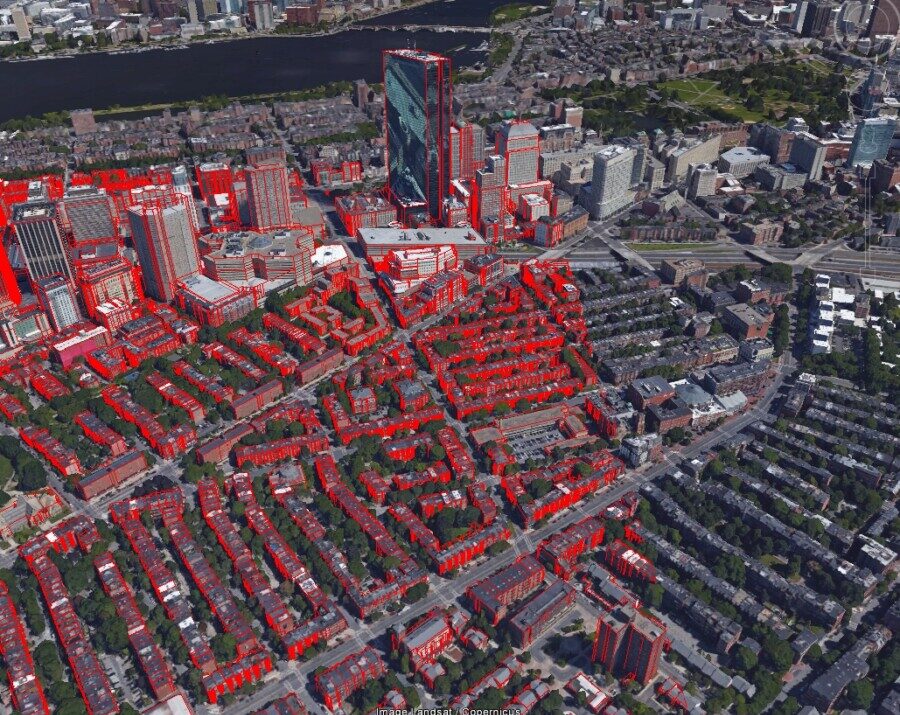 A data point overlay on a satellite image of Boston, Massachusetts.