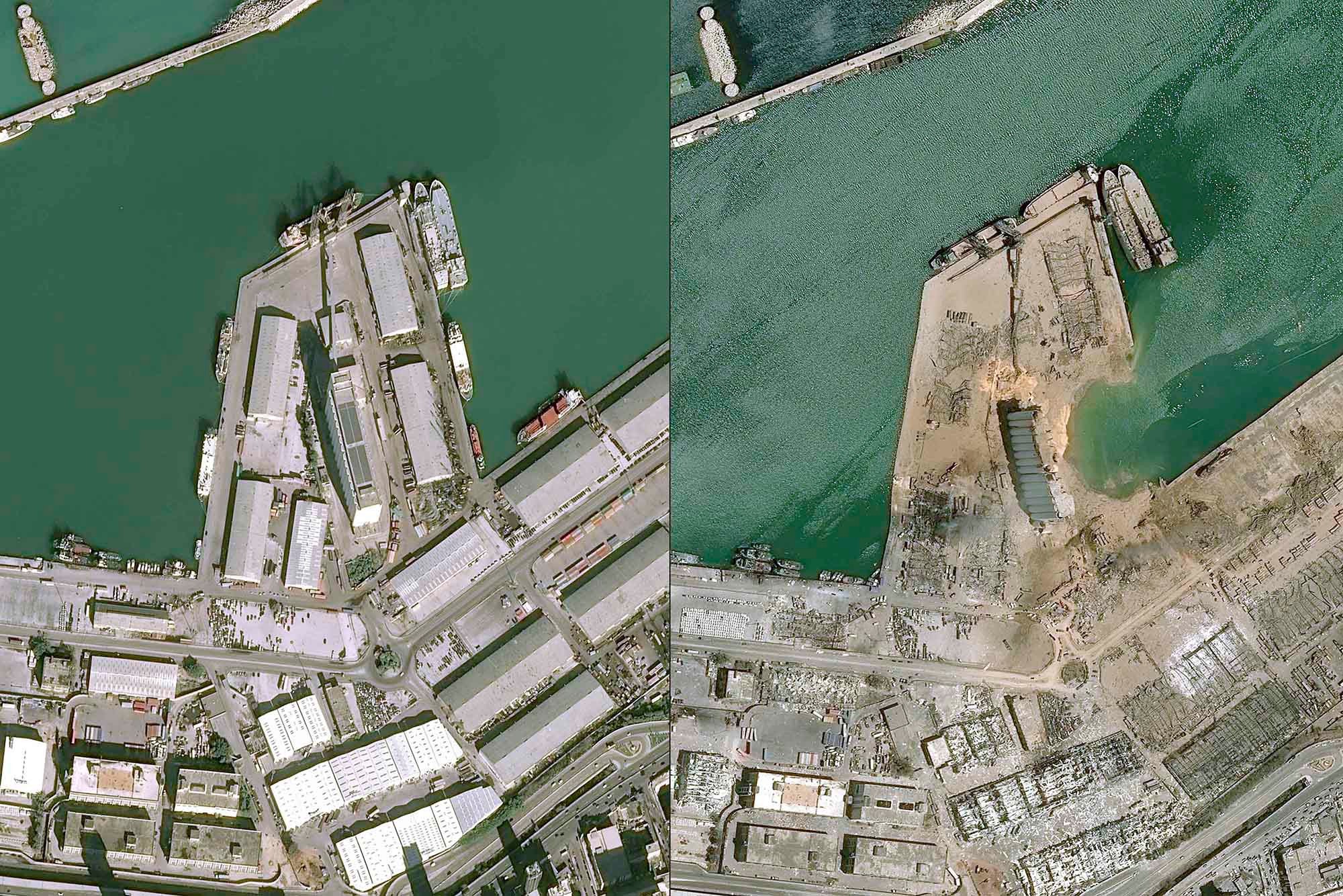 A before-and-after comparison image of a dock in Beirut after a massive explosion.