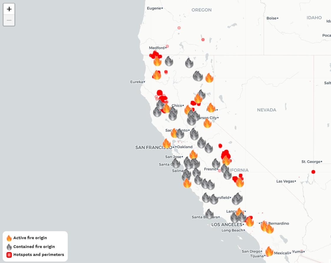 A map of active wildfires in California.