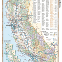 Recreation map of California featuring all major cities and towns, including detailed information on roads and highways.