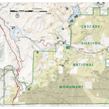&quot;Trail and transportation map of Cascade-Siskiyou National Monument, featuring roads, campgrounds, parking areas, hiking trails, and national trail routes with mileage information.Mapping, Recreation Maps