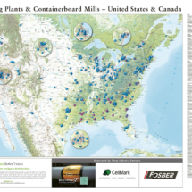 Business asset map of the United States and Canada showing locations of corrugating plants and containerboard mills, including production facilities and distribution networks.g
