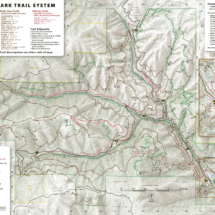 Custom trail, recreation, and topographic map of the Forest Park Trail System, featuring trails, roads, trailer park rules, and other points of interest.