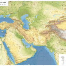 Wall art map of the Middle East featuring terrain types, country and city names, and surrounding bodies of water.