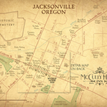 Vintage-style wall art map of Jacksonville, Oregon, showcasing historic sites, landmarks, and detailed town information.