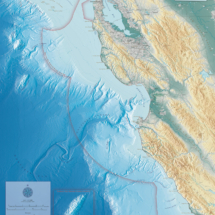 Decorative custom map of Monterey Bay National Marine Sanctuary, highlighting marine habitats and coastal features.