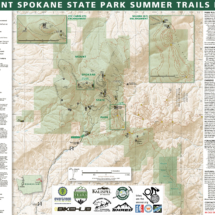 &quot;Custom trail, recreation, and topographic map of Mount Spokane State Park summer trails, featuring detailed information on park rules, parking areas, trailheads, and natural habitats.