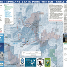 Trail and recreation map of Mount Spokane State Park winter trails, featuring detailed information on Nordic trails, park rules, permits, and parking areas.