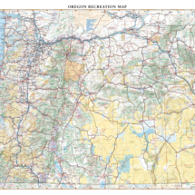Custom recreation map of Oregon featuring cities, roads, highways, parks, trails, fishing spots, and other points of interest.