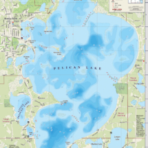 Custom map of Pelican Lake showing water depth, surrounding towns, and nearby lakes.