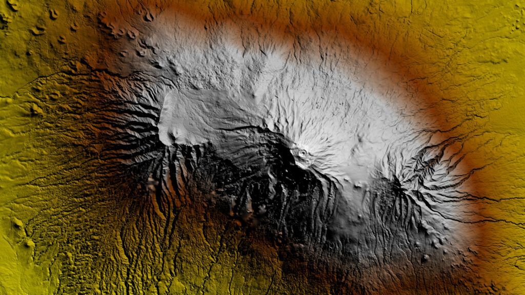 Digital elevation model of Kilimanjaro from East View's partner, PlanetObserver, featuring yellow to white color gradient