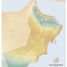 Wall art map of the Sultanate of Oman featuring mountain elevations, the Gulf of Oman, and surrounding countries.