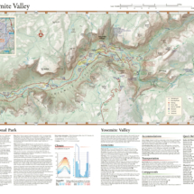 Trail and recreation map of Yosemite Valley highlighting Yosemite National Park, featuring detailed information on accommodations, attractions, climate, transportation, campgrounds, and more.