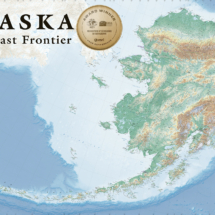 Award-winning map of Alaska, The Last Frontier, showcasing natural landscapes and geographic features.