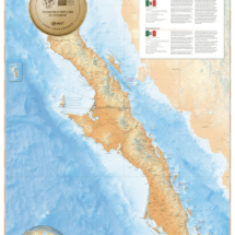 Award-winning wall map of the Baja California Peninsula featuring cities and surrounding bodies of water.