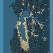 Custom decorative map of the San Francisco Bay Area at night, showcasing illuminated city streets and waterways.