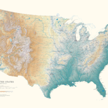 Wall art map of the United States featuring mountain elevations, bodies of water, and city names.