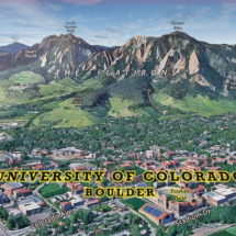 Illustrative wall art map of the University of Colorado Boulder, showcasing an arial view of campus , the Flatirons, and popular surrounding streets.