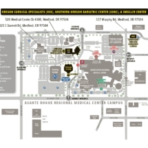 Facilities map of Asante Rogue Regional Medical Center campus in Medford, Oregon, featuring all medical facilities and key buildings.