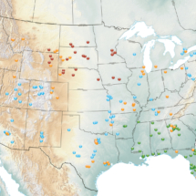 Corporate map of the United States showing data points represented as dots on states.