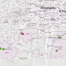 Corporate and zip code map of Hennepin County, Minnesota, showing surrounding cities and zip code boundaries.