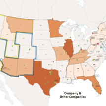 Corporate map of the United States displaying material volume distribution across industries and regions.