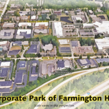Illustrative wall art map of the Corporate Park of Farmington Hills, showcasing an aerial view of the town and surrounding area.