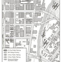 Infrastructure map of downtown Medford showing parking areas, city buildings, and street layouts.