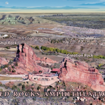 &quot;Illustrative wall art map of Red Rocks Amphitheatre in Morrison, Colorado, featuring an aerial view of Ship Rock, Creation Rock, and the surrounding landscape.