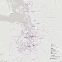 Zip code and sales territory map of Seattle, Washington showing APF, IPG, and AMAT regions.