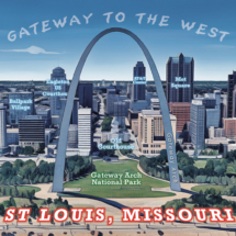 &quot;Illustrative wall art map of St. Louis, Missouri, showcasing the Gateway Arch with the city skyline in the background.