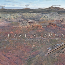 Illustrative wall art map of West Sedona featuring an aerial view of Grasshopper Flat, Sedona Airport, and the surrounding mountains.