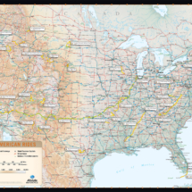 Event map of the entire United States showcasing classic American road trip routes, major highways, national parks, monuments, and popular points of interest.