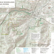 &quot;Facilities, trail, and recreation map of the Jacksonville Woodlands Trail System, featuring street names, major roads, points of interest, detailed trail descriptions, and difficulty levels.