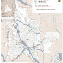Facilities and infrastructure map of Medford, highlighting flood risk zones, vulnerable buildings, impacted roads, and public parks.