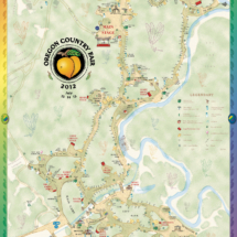 Event map of the Oregon Country Fair featuring a detailed layout of the fairgrounds, including stages, vendor areas, restrooms, and informative highlights about attractions and activities.