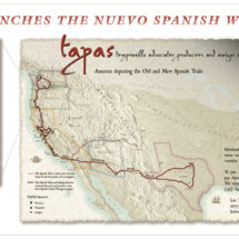 Antique-style reproduction and recreation map showcasing the Tapas New Spanish Wine Trail, spanning eight U.S. West Coast states with vineyard routes and regional highlights.