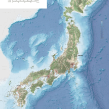 Award-winning decorative map of Japan featuring detailed contours, water depth, population density, roads, major cities, and capital locations.