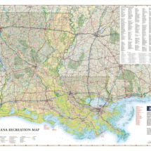 Award-winning decorative map of Louisiana highlighting recreational areas, detailed road networks, rivers, lakes, and major points of interest.