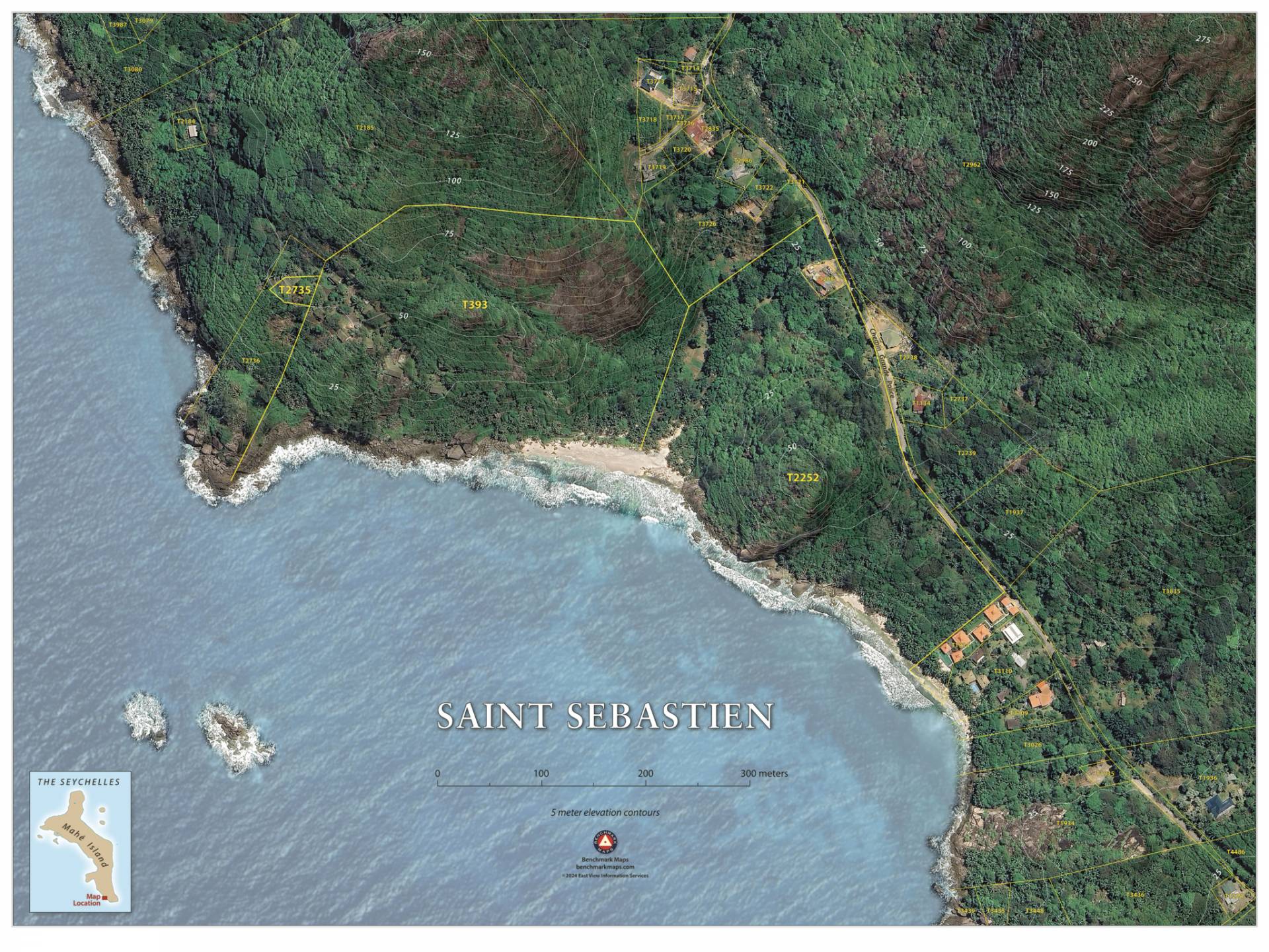 Business asset map of Saint Sebastien featuring a real terrain view with meter-scale terrain contours.