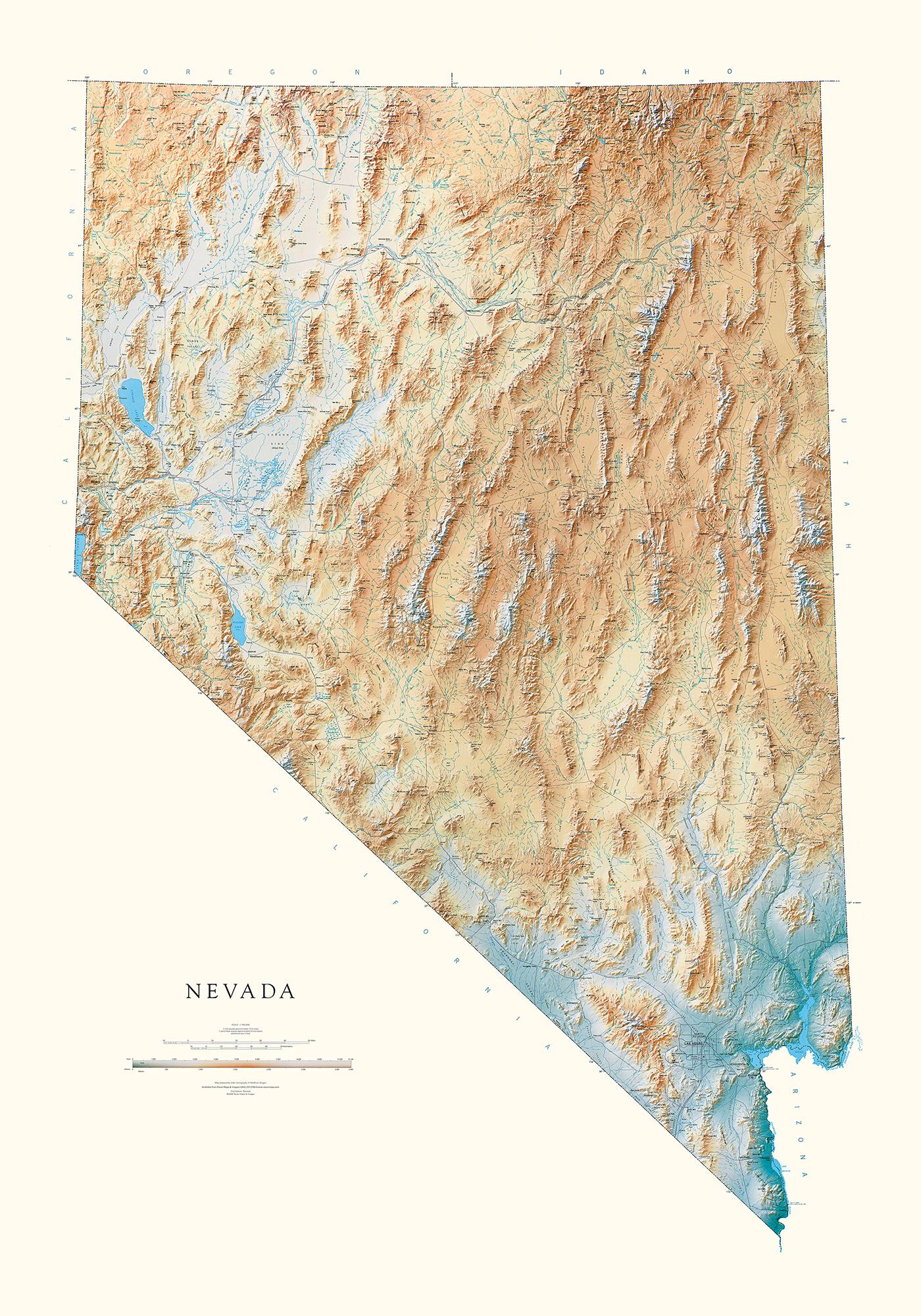 Decorative custom lithography map of Nevada highlighting canyon elevations and bodies of water.