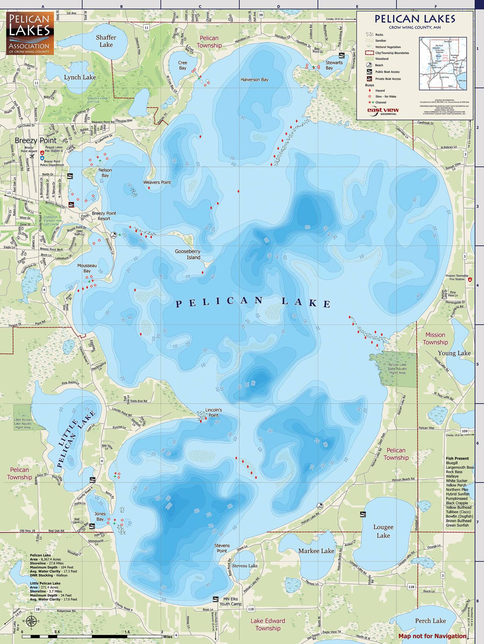 Custom map of Pelican Lake showing water depth, surrounding towns, and nearby lakes.