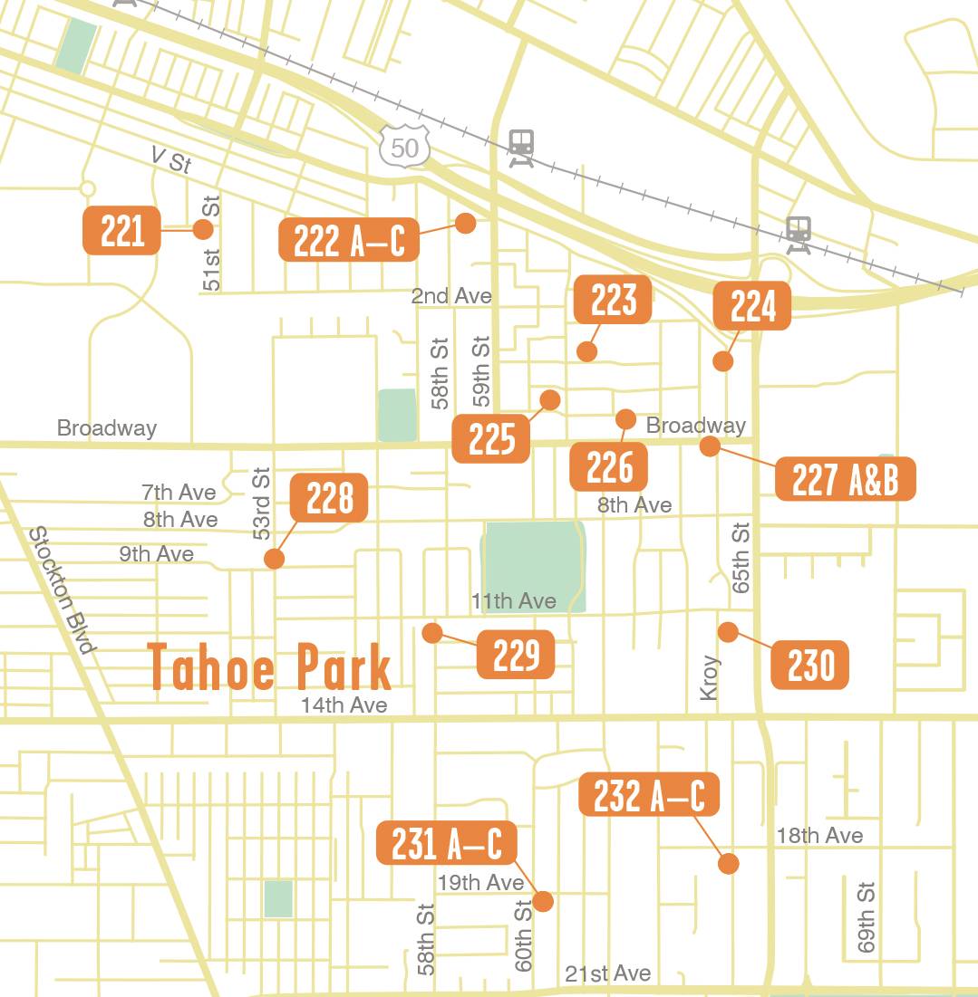 Corporate map of Tahoe showing numerical locations and surrounding streets and highways.
