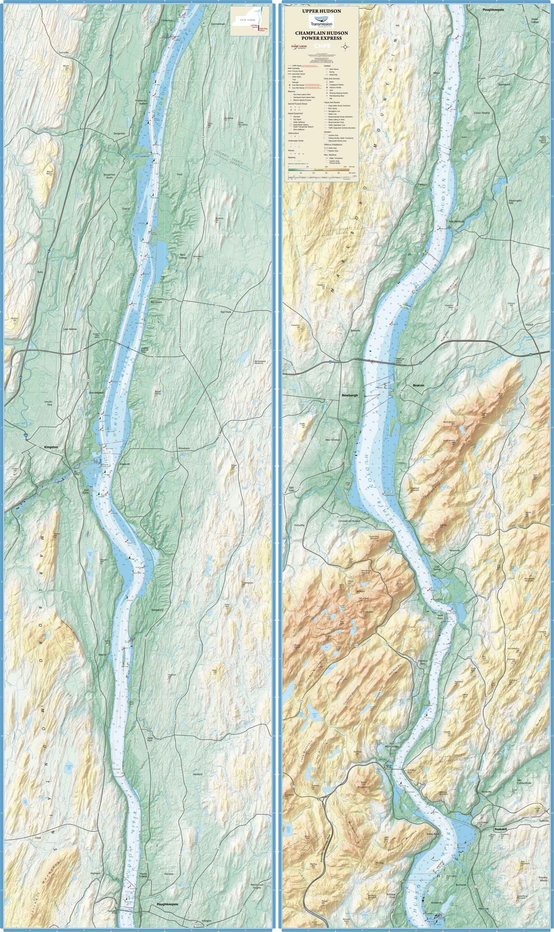 Hydrographic map of the Upper Hudson Valley, detailing water bodies, rivers, and watershed features.