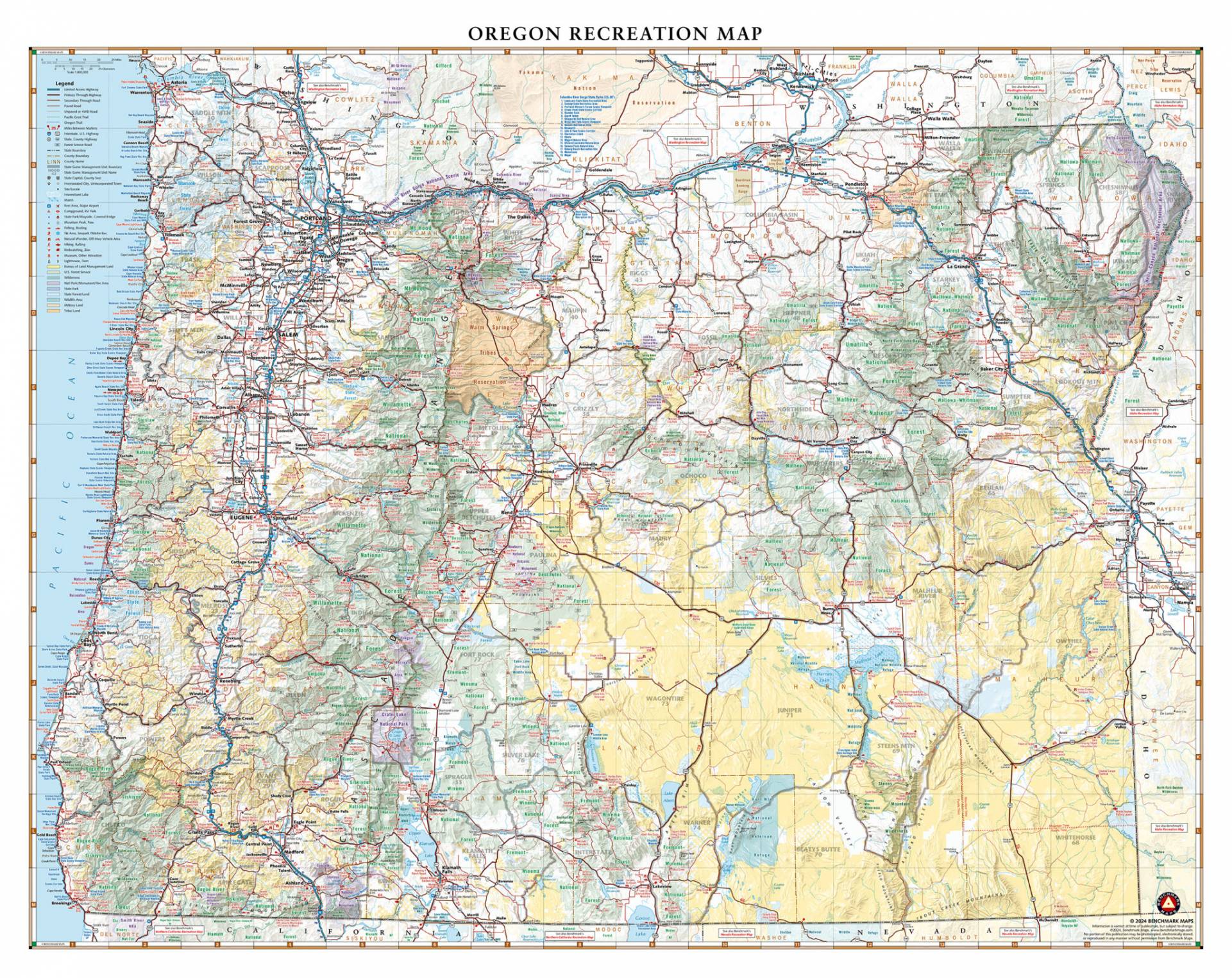 Custom recreation map of Oregon featuring cities, roads, highways, parks, trails, fishing spots, and other points of interest.