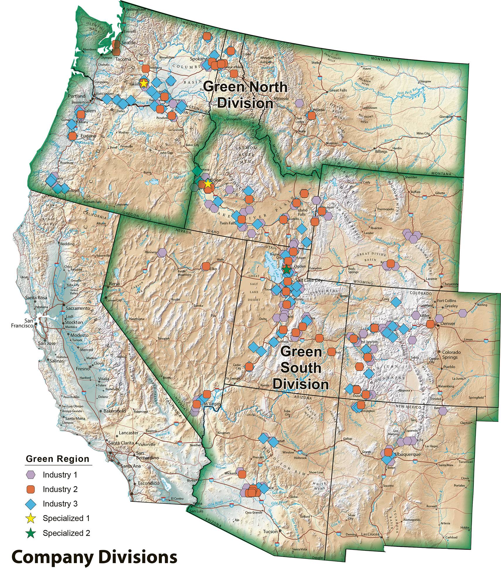 Corporate map showing company divisions in the Green North and South regions of the United States.