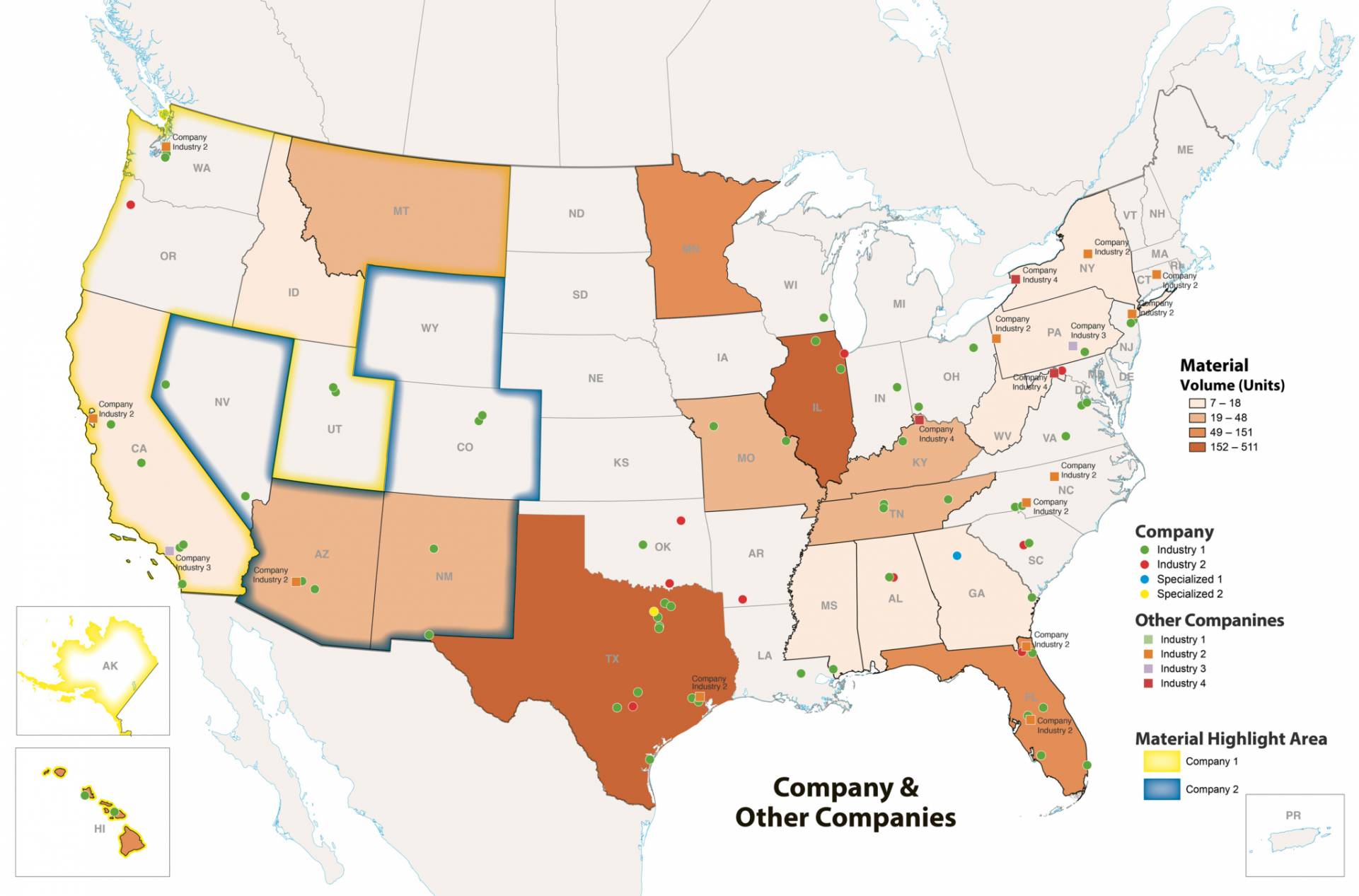 Corporate map of the United States displaying material volume distribution across industries and regions.
