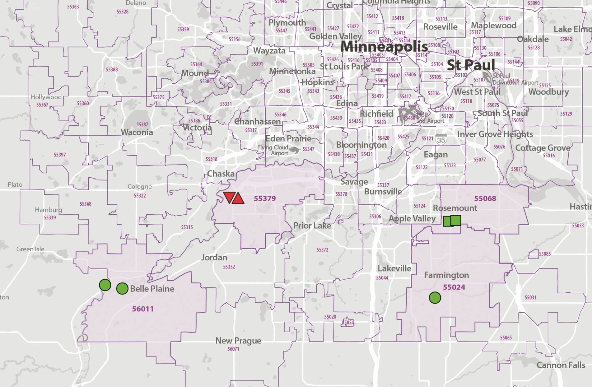 Corporate and zip code map of Hennepin County, Minnesota, showing surrounding cities and zip code boundaries.