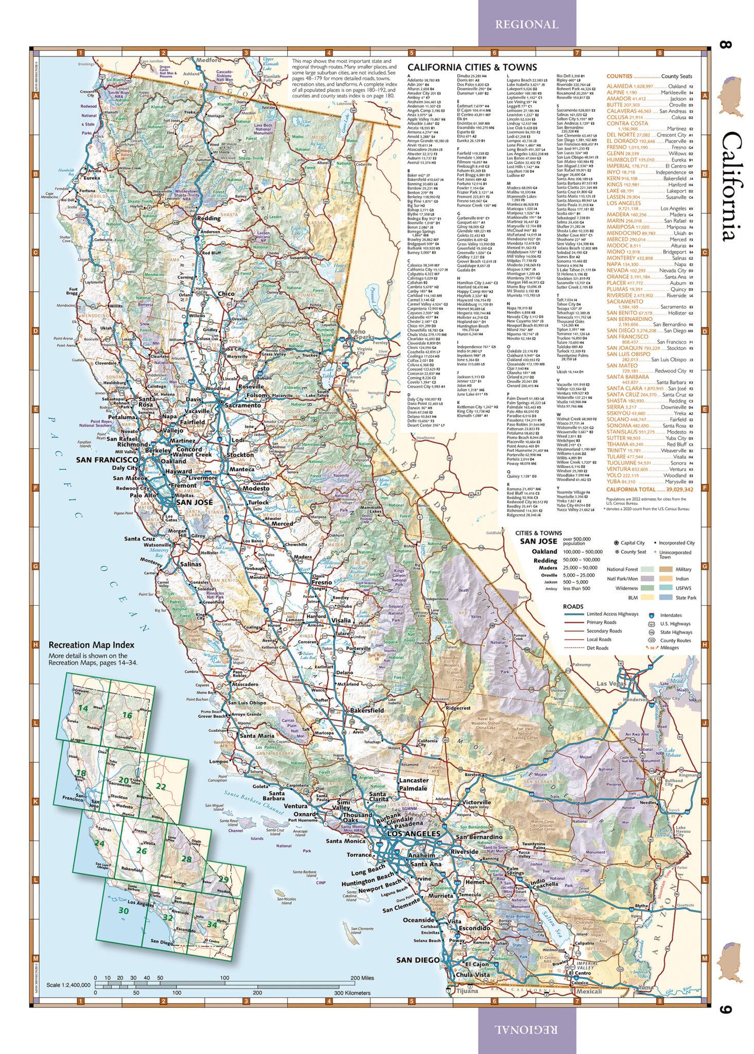 Recreation map of California featuring all major cities and towns, including detailed information on roads and highways.
