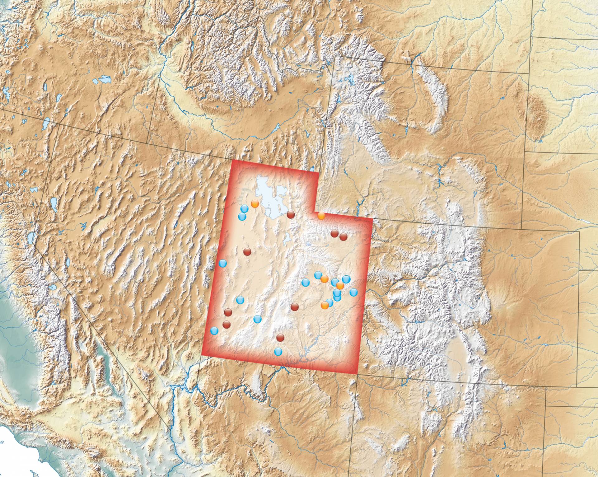Corporate map of Utah showing data points represented as dots throughout the state.